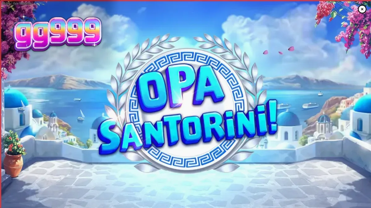 Pemandangan indah Santorini dengan kubah biru dan matahari terbenam yang menjadi latar belakang permainan slot Opa Santorini!